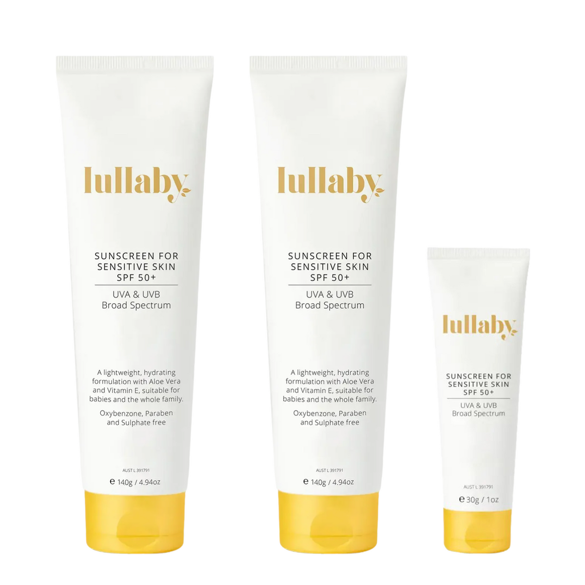 Three tubes of lullaby sunscreen for sensitive skin on a white background